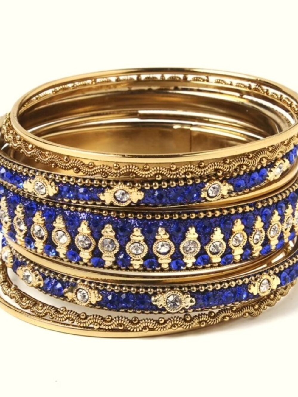 Amrita Singh Gold Tone Brass and Blue Crystal Bangle Set of 9 Stackable NWT